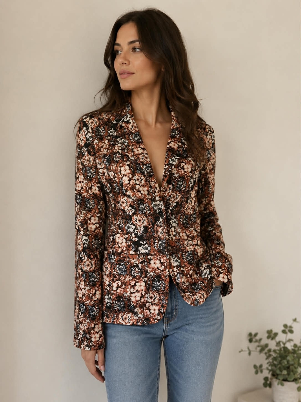 CREAM Women's Brown Floral Single-Button Blazer XS
